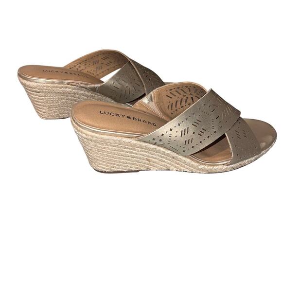 Lucky Brand Keela women’s 9.5 leather gold crisscross open Espadrille sandal ￼ - Picture 2 of 12